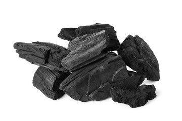 Obraz premium Pieces of char coal isolated on white background, closeup