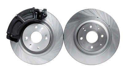 Automotive Performance Brake Rotor and Caliper Assembly Isolated on White Background for Vehicle Repair and Maintenance Concepts