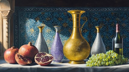 Table with a vase, a bottle of wine, and a bowl of fruit © Rehana