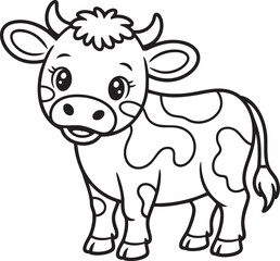 Cute cartoon calf, baby cow, farm animal, playful, friendly, black and white outline drawing
