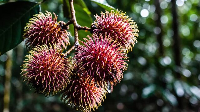 Close-up of ripe rambutans hanging from the branch against blurred background, nature's bounty