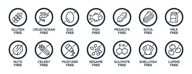 Isolated Vector Logo Set Badge Ingredient Warning Label. Simple Black and White Circle Allergens icons. Food Intolerance. The 14 allergens required to declare written in english. Free