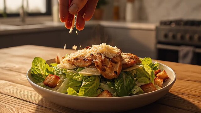 Close-up of a hand sprinkling grated cheese over a fresh Caesar salad with grilled chicken and croutons on a wooden table in a modern kitchen.