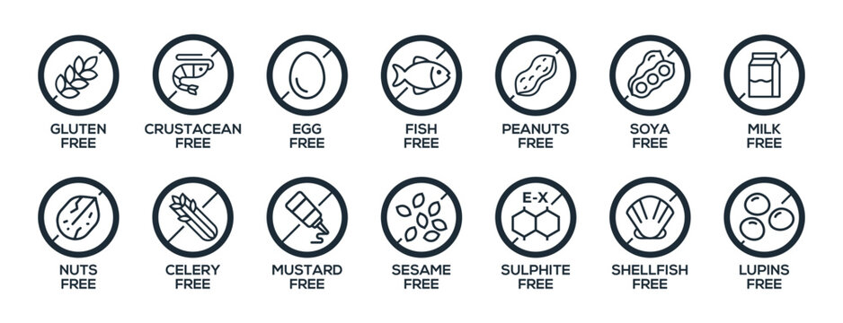 Isolated Vector Logo Set Badge Ingredient Warning Label. Simple Black and White Circle Allergens icons. Food Intolerance. The 14 allergens required to declare written in english. Free
