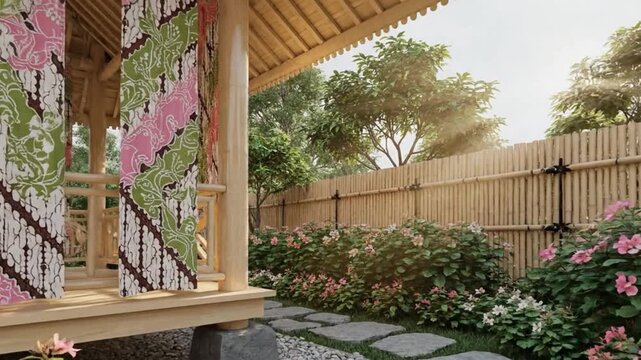 Cinematic 4K Garden Pavilion with Batik Banners and Blooming Flowers Celebrating Hari Kartini Women&rsquo;s Empowerment
