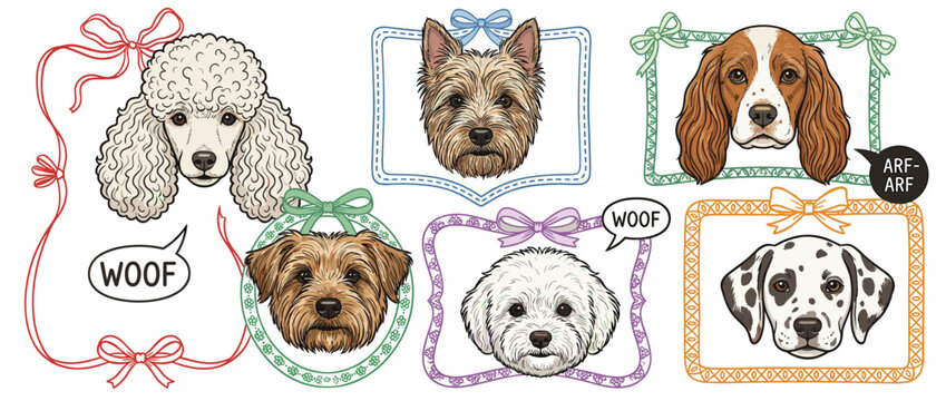 Cute Dog Breed Portraits Set with Poodle Dalmatian and Spaniel in Colorful Ribbon Frames with Bows Vector Illustration for Pet Shop and Greeting Card