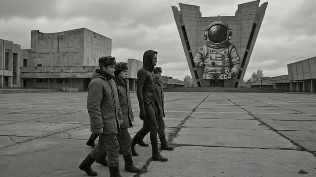 Men in soviet era winter clothing walk across empty concrete field while futuristic woman in dark suit crosses, with astronaut drawing.