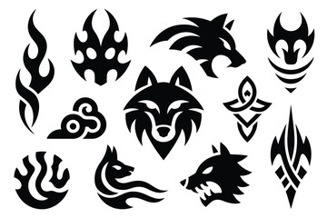 Fototapeta premium Collection of Black Tribal Style Wolf and Flame Tattoo