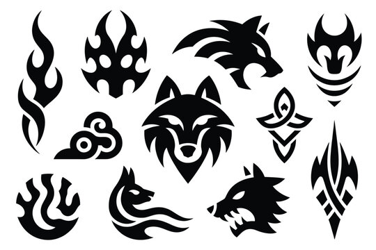Collection of Black Tribal Style Wolf and Flame Tattoo