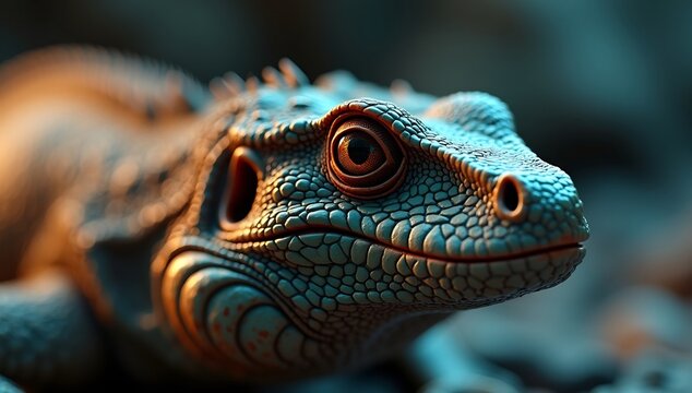 Close-up of a Green Iguanas Head with Detailed Scales.