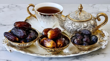 Tray of nuts and a teapot are displayed on a marble countertop
