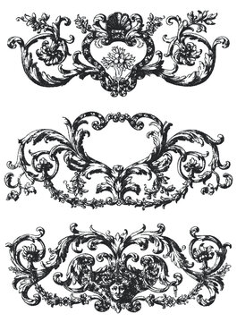 Antique baroque frieze vector set. Vintage engraved horizontal panel ornaments with floral scrolls and mascaron face. Decorative headpieces for book or divider design
