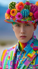 Desert fashion in vivid colors. A man wears a bright outfit with flowers and cacti on his hat in a sunny desert place.