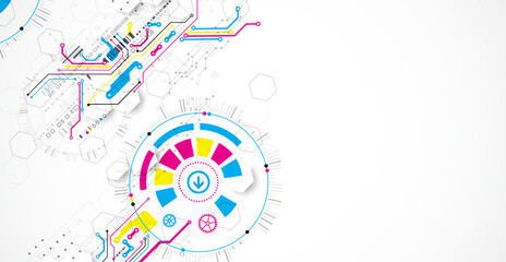 Abstract technological background with various elements. CMYK concept. Vector