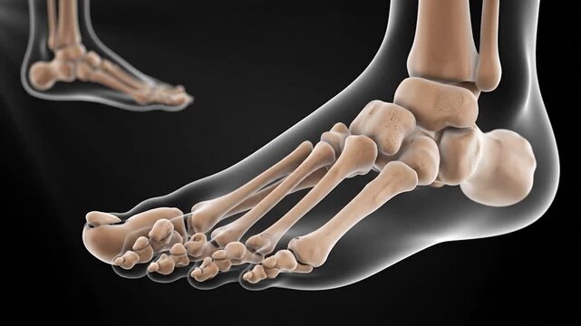 3D rendered anatomical illustration of a human foot, showing bones, on a black background