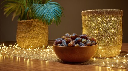 Bowl of nuts sits on a table next to a plant and a gold bowl