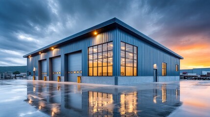 Fototapeta premium Modern industrial building with large windows and garage doors reflects in wet pavement at sunset