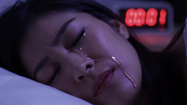 Close up Of A Sweaty Tearful Woman Crying In Bed At Night With Red Digital Clock Showing 0005 AM And Purple Ambient Light Effect.