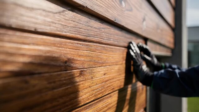 Closeup of thermally modified siding panels being carefully inspected showcasing texture and improved dimensional stability for exterior cladding applications.