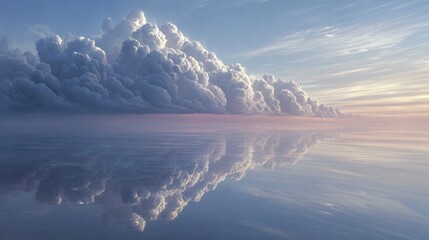 Fototapeta premium Dramatic cumulonimbus clouds reflected perfectly on a calm, serene ocean surface at sunset