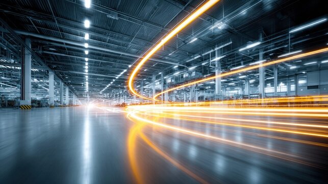 Modern factory interior with light trails, symbolizing speed and efficiency in production