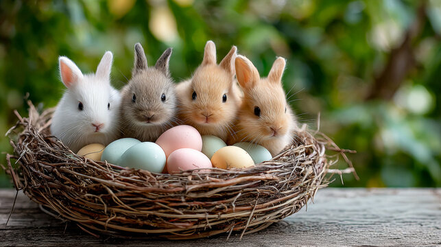Bunnies sit in nest with colored eggs. Four bunnies of different colors are in a nest surrounded by colored eggs in a garden setting during daylight.