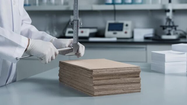 Closeup medium shot of lab technician using a micrometer to measure thickness of paperboard samples focusing on accuracy in material testing procedures.