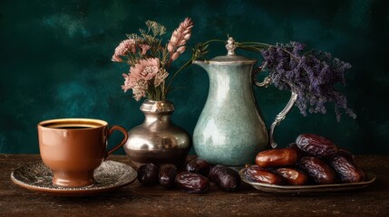 Vase of flowers sits on a table next to a cup of coffee