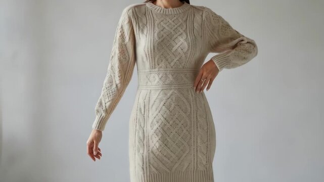 Medium shot featuring a cozy sweater dress with intricate knit patterns emphasizing tailored shaping and a neat hem for comfortable elegance.