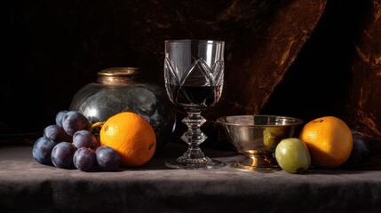 Table with a glass of wine, a bowl of fruit, and a vase