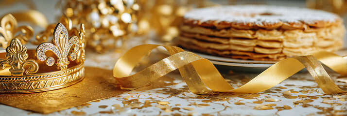 Golden birthday celebration with crown and confetti on a table