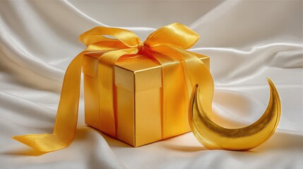 Gold box with a yellow ribbon sits on a white background