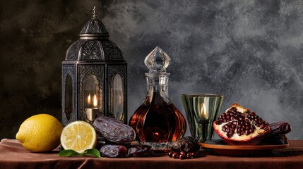 Table with a lamp, a bottle of liquor, a glass, a lemon, and a pomegranate