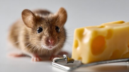 Fototapeta premium Curious mouse near swiss cheese on mouse trap