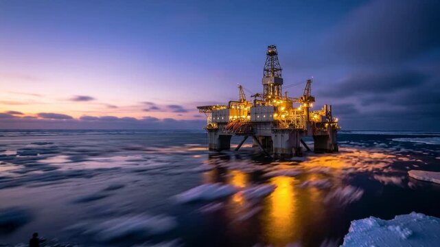 An oil rig is positioned in icy waters under a sunset sky. The scene shows reflections on the water's surface and surrounding ice formations, suitable for industrial and energy themes