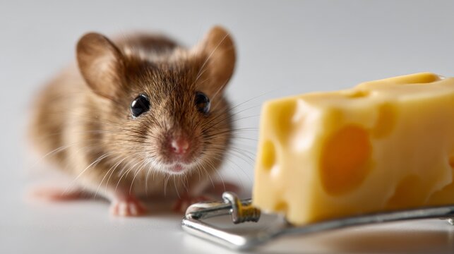 Curious mouse near swiss cheese on mouse trap