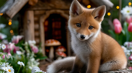 Obraz premium Fox sits by a house in flowers. A young fox rests on the ground near a small house surrounded by flowers and greenery during early evening.