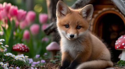 Obraz premium Fox cub in garden with blooms. A small fox cub is resting in a garden filled with colorful flowers and mushrooms. It looks curious and playful.