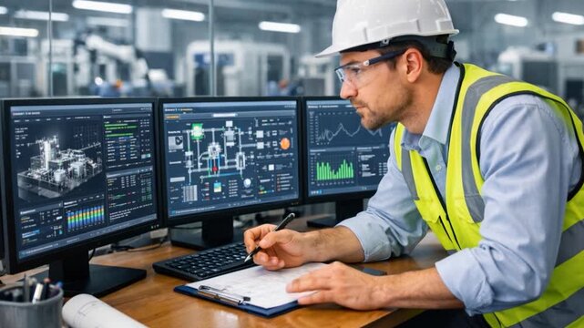 Engineer using computer on industrial manufacture factory.

