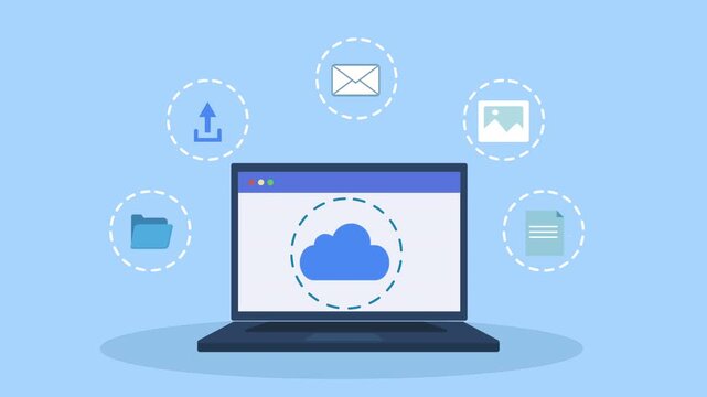 Flat vector animation of laptop with cloud computing symbol and connected digital service icons, representing online storage, data synchronization, and network technology.
