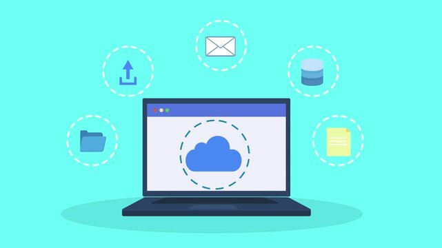 Flat vector animation of laptop displaying cloud storage symbol with connected service icons, representing file management, online storage, and digital synchronization.
