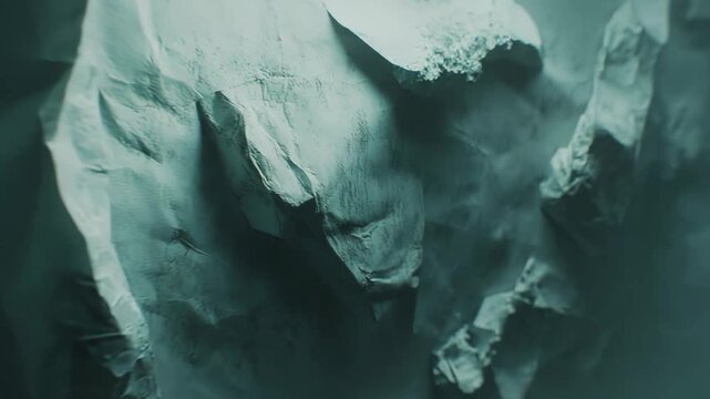 Crumpled paper texture creating an abstract background, with dark shadows and bright highlights emphasizing its intricate folds, creases, and rough, distressed surface