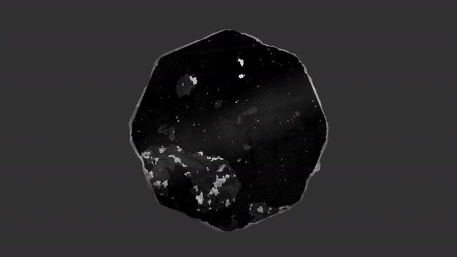 A black and white animated peeling sticker in a grunge printed style with roughened torn paper edges.
