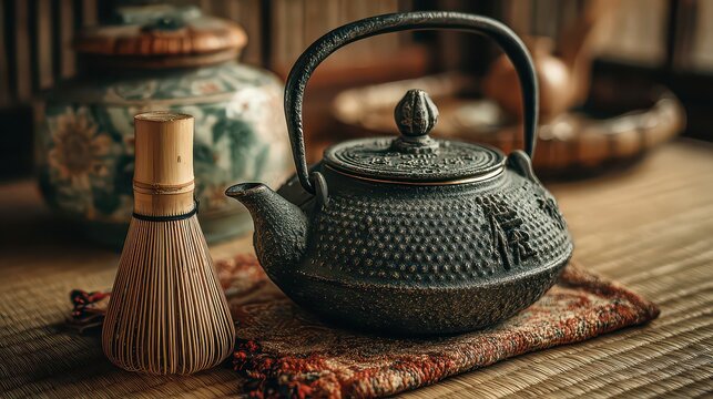 Elegant cast iron teapot on tatami mat with bamboo whisk nearby