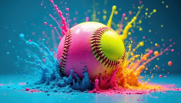 Bright softball explodes with colorful powder splash. Pink yellow green dye blasts outward with dynamic motion. Sport action concept for kids games
