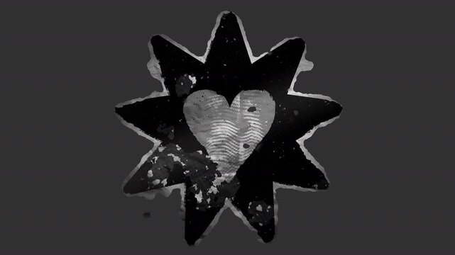 A black and white animated peeling sticker in a grunge printed style with roughened torn paper edges.
