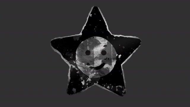 A black and white animated peeling sticker in a grunge printed style with roughened torn paper edges.
