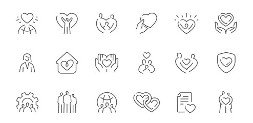 Minimal line icons set with heart, family, care, support, charity and protection concepts