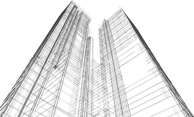 Modern skyscraper building wireframe architectural construction, urban city skyline blueprint, high-rise tower vector illustration © Al