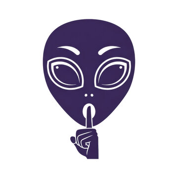 stylized flat vector icon of a deep matte purple alien face doing the shush gesture with a contrasting brown index finger on a transparent background. concept for sleek secrecy symbol
